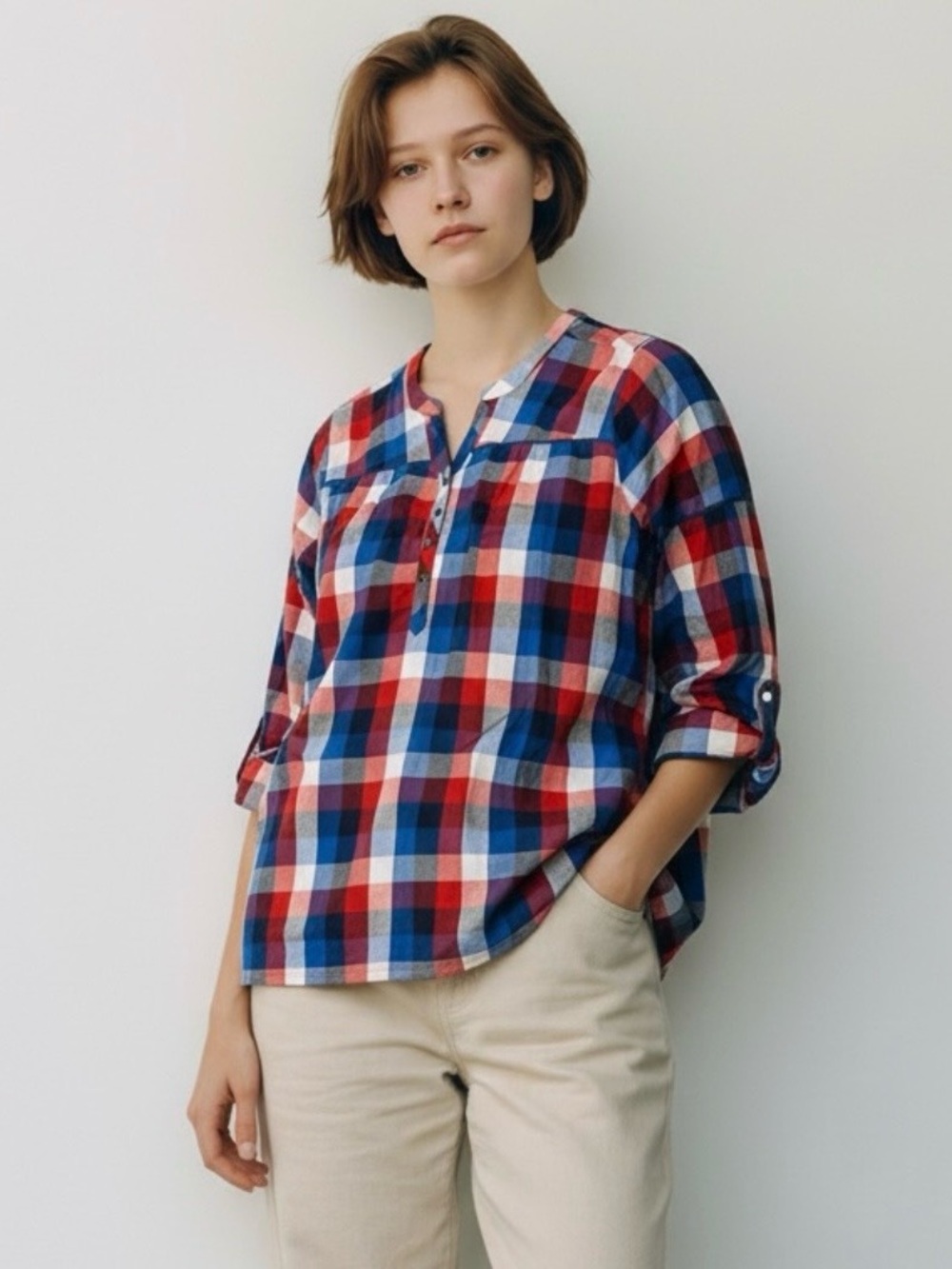 Collections Etc. Women’s Plaid Henley Top RedBlue Button Front RollTab XL Cotton